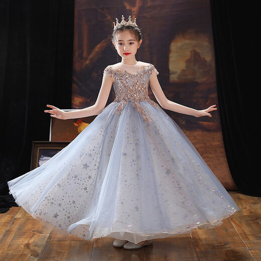 Mädchen im Princess-Stil Herbst und Winterlicht Luxus Luxus High-End-Anzug Grundschüler Chor Guzheng Klavier Performance Abendkleid Rock 1591 Blau kurzärmelige Long Style 160