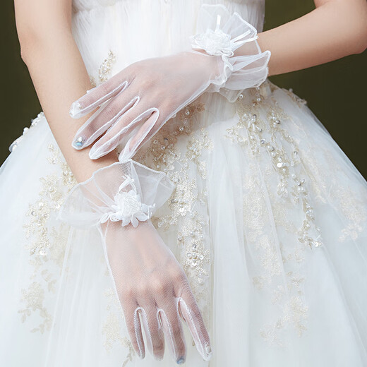 Jieyi mesh gloves bride wedding thin breathable super fairy beautiful wedding dress accessories photo studio birthday photo props 1 pair [white mesh flower gloves]