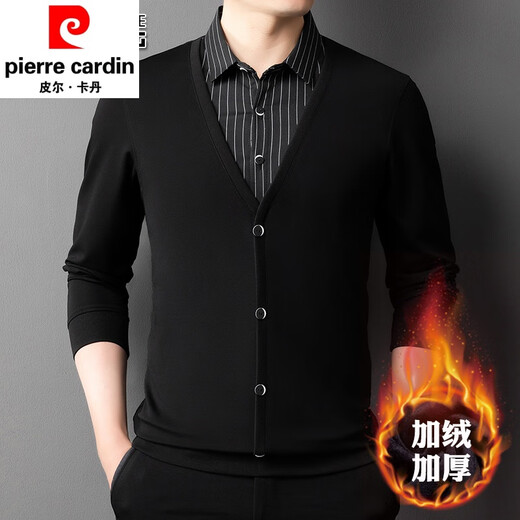 皮尔卡丹秋冬假两件长袖t恤男加绒加厚休闲衬衫领中青年男毛衣针织打底衫 6188藏青 加绒加厚 170/L建议120140斤