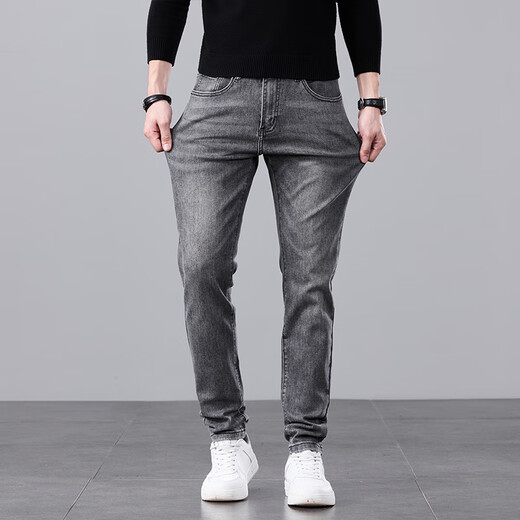 
Canelin Kiskha jeans men's spring and autumn black slim feet Korean style trendy high-end elastic casual autumn long pants men 1049 grey 31