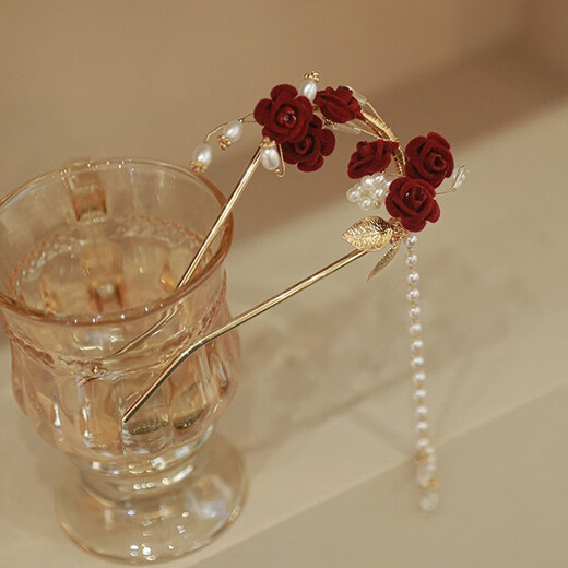 Mengkeduo Red Rose Tassel Hairpin New Chinese Style Ancient Style U-shaped Hairpin Bridal Toast Wear Hairpin High-end Hair Accessory Red Rose Tassel Hairpin Gold