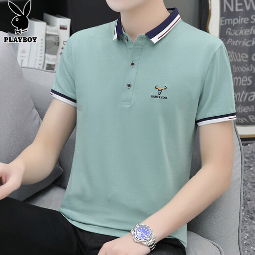Playboy (Playboy) Camiseta de manga corta Camisa de la base de la solapa para hombres Ropa gris de verano