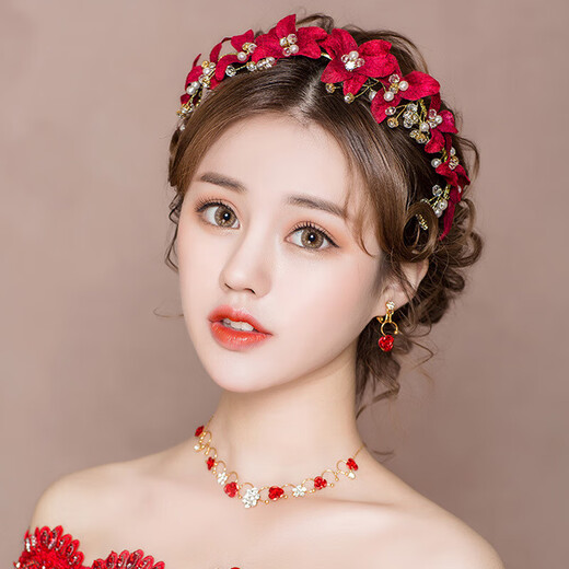Bridal tiara red toast dress hair accessories headband headband super fairy wedding dress simple accessories headband + necklace + earrings