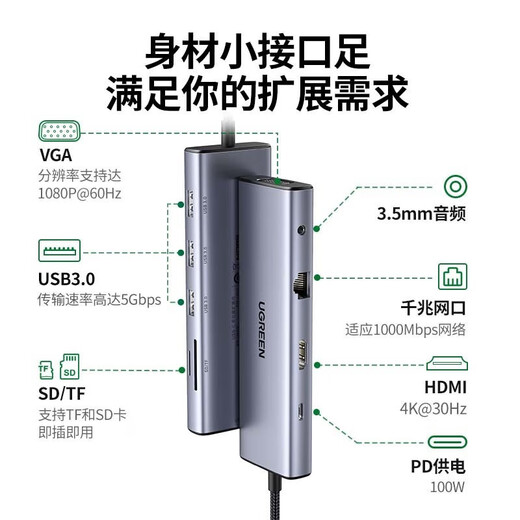 Green Network Type-C Extension Dock Thunderbolt 3/4 Extension Dock USB-C-ADAPTAT HDMI Splitter adapté à l'ordinateur MacBook 10-en-1 [HDMI + VGA + Card réseau + audio] 15601