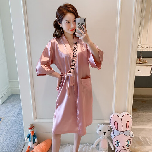 Kiargo睡袍女夏季浴衣女夏天和服女士睡衣单件浴袍冰丝性感家居服 QMS9896粉色 均码适合75-135斤