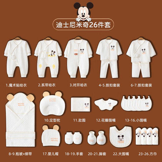 Disney Baby Clothes Geschenkbox Neugeborenes Set Frühling, Sommer, Herbst und Winter, Neugeborene Jungen und Mädchen Vollmondgeschenke Mickey White White Viersaison 26-teilige Set 73 cm geeignet für 4-10 Monate Babys