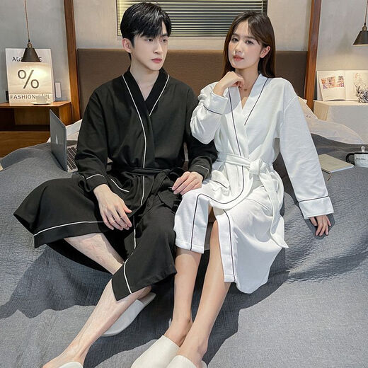 Catman (MiiOW) waffle high-end bathrobe couples solid color nightgown spring and autumn summer universal long-sleeved integrated bathrobe ZBB-2229 black men XL _125-150Jin [Jin equals 0.5 kg]