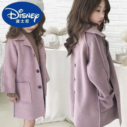 Disney Girls' Spring Clothing 2024 Large Children's Reversible Woolen Coat Korean Style Children's Spring and Autumn Clothing Woolen Coat Pink Double-Sided Woolen Coat 150