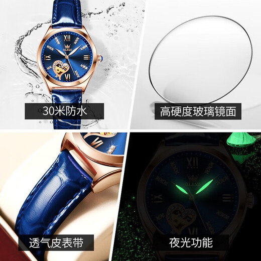 OLEVS Swiss certified brand watches for women mechanical watches fully automatic hollow women's watches for birthday gifts for girlfriend and wife. Upgraded enhanced version 6636-Blue leather rose shell blue face [lifetime warranty]