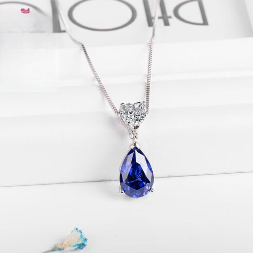 DL 1998 Fat Donglai same style tanzanite necklace sapphire 925 silver heart-shaped water drop gemstone lock 925 silver platinum plated pendant + 925 silver necklace