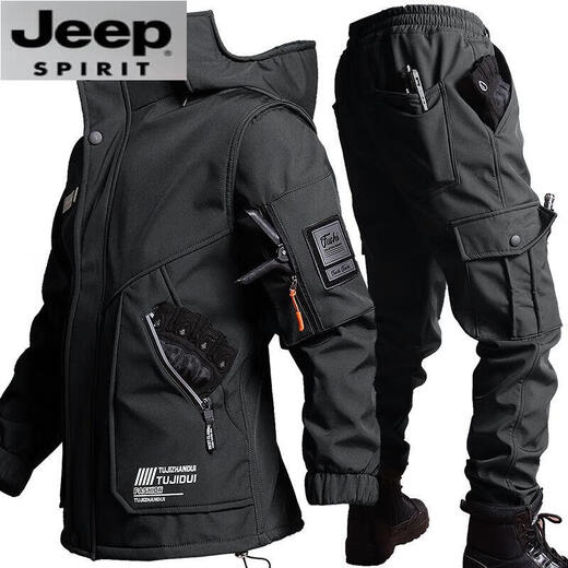 JEEP SPIRIT Jeep Functional Winter Jacket Men's Tactical Military Hunting Clothing Jacket Cycling Windproof Warm Work Jacket Black Suit 4XL 190 (180-195Jin Jin equals 0.5kg)