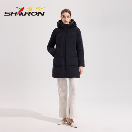 雪伦中长款羽绒服女简约百搭袖标秋冬外套 13567 玄青黑 2XL