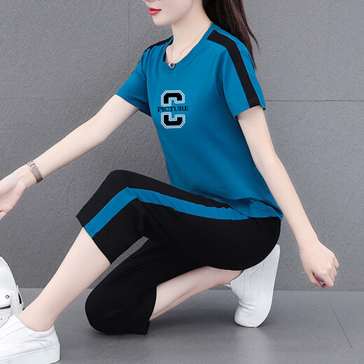 NY-EMMA运动套装女短袖夏季薄款高档洋气减龄棉质休闲时尚跑步服两件套 687卡其（七分裤套装） M(建议80-95斤)