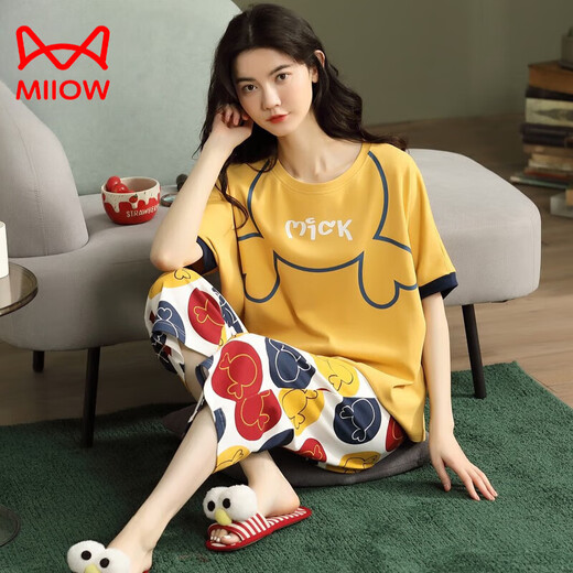 猫人（MiiOW）纯·棉睡衣女2024年新款夏季短袖七分裤薄款休闲外穿家居服套装 七分：AD683 女M