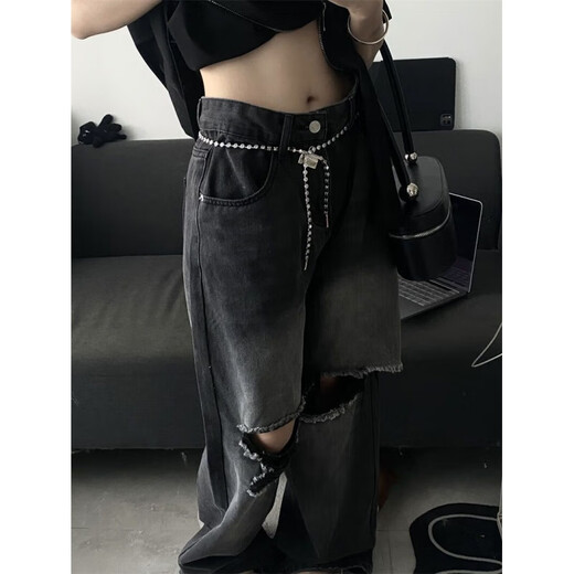 Simple direction American retro design ripped jeans summer handsome street gender-free versatile wide-leg trousers men and women ins 9930 black + belt one size s