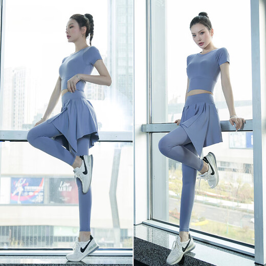 Gu Jianmu Yoga Suit Female Fairy Style High-end Professional Pilates Fake Two-piece Buttock Cover Summer New Fitness Feeling Running Bean Green Short Sleeves + Bean Green Trousers M