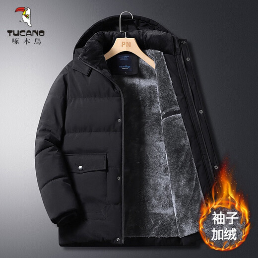 Woodpecker (TUCANO) middle-aged and elderly men's cotton-padded jackets, men's winter coats with velvet and thickening, autumn and winter grandpa's down-padded jackets, elderly cotton-padded jackets 888 sleeves with velvet - black M Recommended weight 85 - Jin Jin equals 0.5 kg