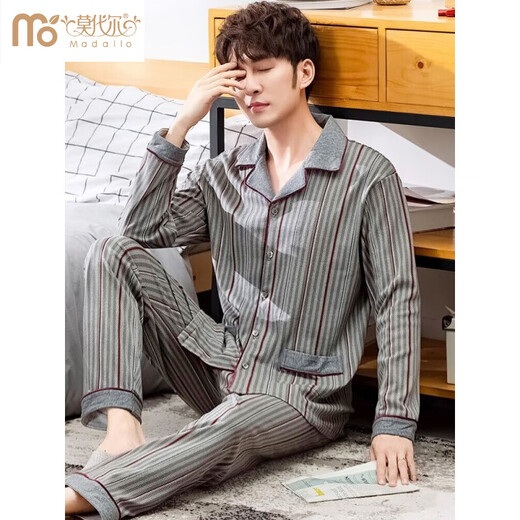 Modal High-End Pure Cotton Herren Pyjamas Frühlings- und Herbst-Langarm-großer großer loser Winter Baumwoll-Freizeitkleidung Herrenanzug 9906-Streifen M 165: Empfohlenes Gewicht 100-120 Jin [Jin ist 0,5 kg]