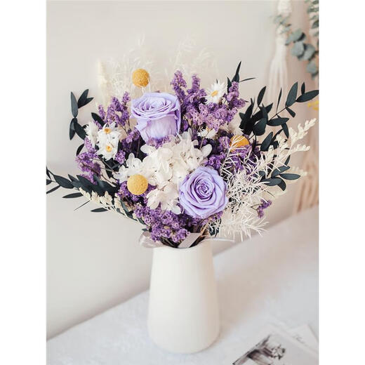 Everlasting rose eucalyptus dried flower bouquet internet celebrity ornaments real flower gypsophila hydrangea crystal grass home decoration pink rose crystal bouquet round white bottle dry branches
