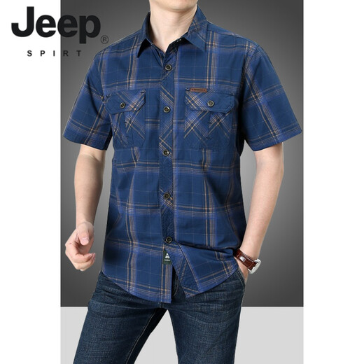 JEEP SPIRIT夏季短袖衬衫男纯棉宽松大码装格子双口袋工装上衣SPIRIT 5009-卡其 5XL