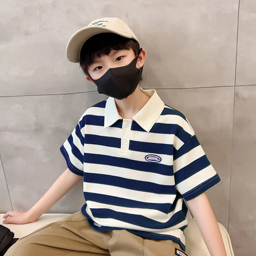 McTicco boy polo shirt short-sleeved 2025 children's summer striped t-shirt big children's summer half-sleeved street-fried top trend 9850 blue + 5798 khaki [set] 150
