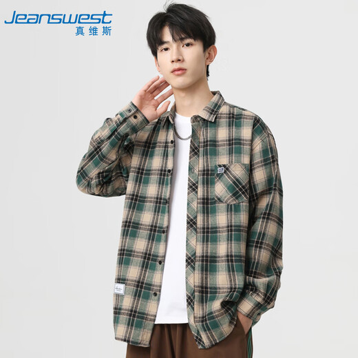 JEANSWEST long-sleeved shirt men's 2025 autumn young and middle-aged men's plaid loose versatile plaid shirt green XL