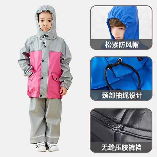 XMSJ Children's Raincoat Men's and Women's Kindergarten Baby Waterproof Overalls Primary School Raincoat Children's Junior Middle School Gray and Rose Red S