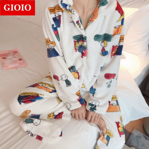 GIOIO Sanrio Jade Gui Dog Plus Fleece Thickened Coral Velvet Pajamas Women's Fall and Winter New Flannel Home Clothing Set zd-761#Katie Cat with Eyebrow M