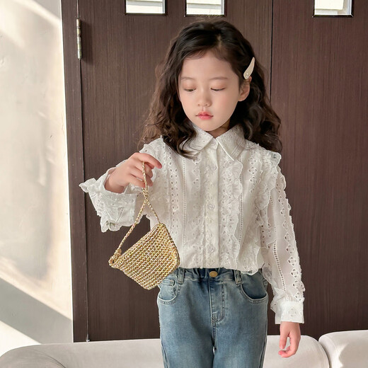 Tutu Little Elephant Girls White Shirt 2025 Autumn and Winter French Gentle Lace Shirt Sweet and Versatile Children's Top New Children's Clothing Beige 160