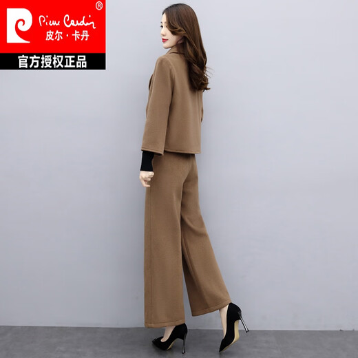 Pierre Cardin wide-leg pants suit for women, autumn and winter two-piece suit, middle-aged temperament, woolen woolen professional small blazer for women, coffee L 105-115Jin Jin is equal to 0.5 kg