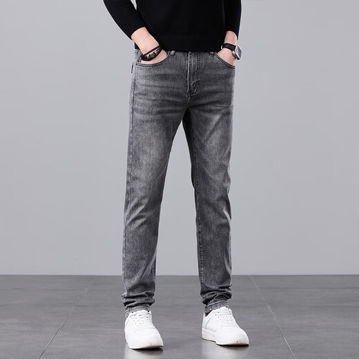 
Canelin Kiskha jeans men's spring and autumn black slim feet Korean style trendy high-end elastic casual autumn long pants men 1049 grey 31