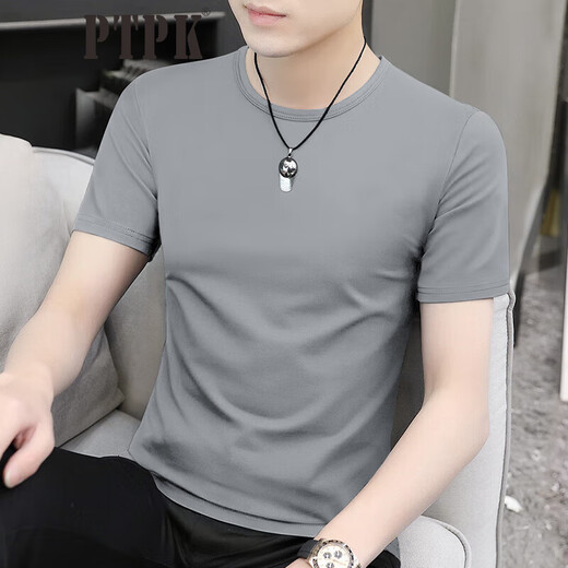 
PTPK high-end modal solid color short-sleeved T-shirt for men slim summer new ice silk quick-drying half-sleeved round neck top trendy active black combed cotton 95% XL [135~150Jin [Jin equals 0.5 kg] fit]