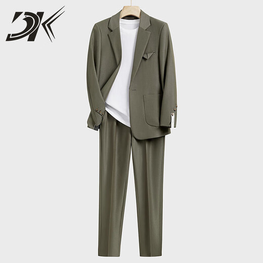 DK brand suit men's loose casual pocket triangle design small suit jacket men's light mature suit complete set gray green suit + trousers S size