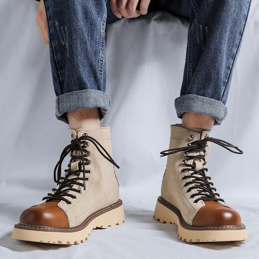 KGV Martin Boots Herren neue britische Stil atmungsaktive High-Top-Schuhe dicker Sohle Erhöhung Arbeitstiefel Trendy Denim Boots Herrenstiefel gelbe Erhöhung 41 Standard Lederschuhgröße