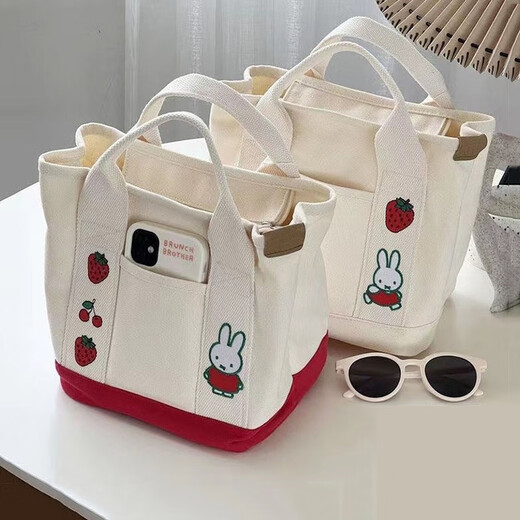 Xingxi's new cartoon cute thickened canvas handbag portable shoulder bag for mom to carry when going out, handbag small bag red and white strawberry bunny 22*17.5*21cm