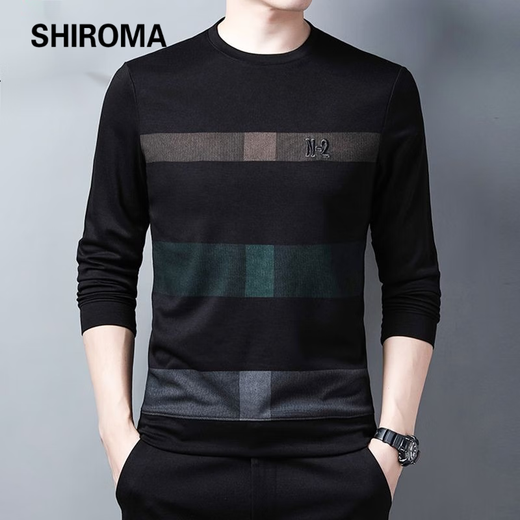Camiseta de manga larga de otoño e invernal de Shiroma para hombres con camisa de base superior de otoño de otoño impresa para hombres con un terciopelo W691 W691 Black-Flee Style XL 175 Tamaño recomendado 135-150Jin [Jin equivale a 0.5 kg]