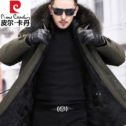 Pierre Cardin parka men's removable full mink lining fur one-piece coat mid-length off-size mink velvet fur coat winter military green newly upgraded special thick section M 100Jin Jin equal to less than 0.5 kg
