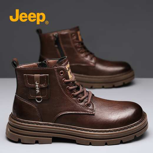 Jeep Martin Boots Herren Winter 2024 Neues echtes Leder atmungsaktivem dick-solchen Arbeitsschuhen Vielseitige Mode High-Top-Männerschuhe trendy braun [Modestil] 40