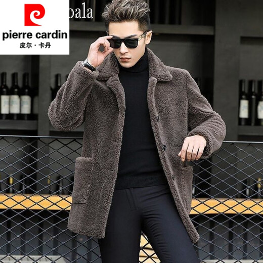 Pierre Cardin trendy brand sherpa jacket for men autumn and winter 2025 new sheep sheared men's wool coat mid-length men's brown 2XL 160-170Jin Jin is equal to 0.5 kg