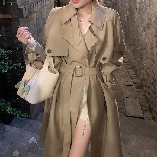 AEMAPE autumn new high-end mid-length khaki windbreaker coat for women small British style drape casual coat khaki S -95-110Jin Jin is equal to 0.5 kg.