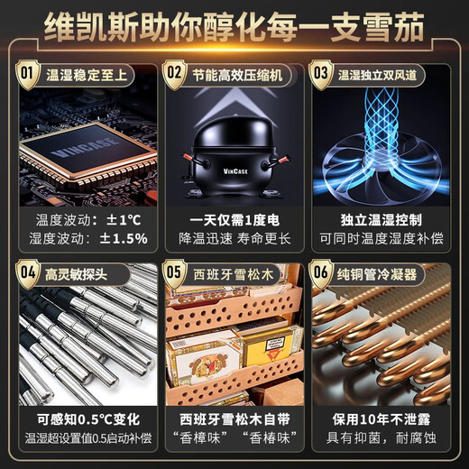 Vickers double-door constant temperature cigar and wine cabinet constant humidity tobacco and wine cabinet tea refrigerator air-cooled frost-free constant temperature and humidity wine cabinet household Spanish cedar wood naked cigar display cabinet 1.9 meters three-temperature zone tea + ice bar + cigar 800L