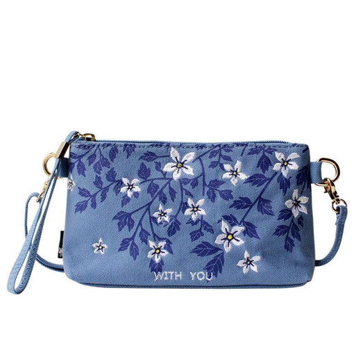 Pukanon 2025 New Chinese Style Embroidered Bag Printed Art Bag Crossbody Bag Shoulder Bag Clutch Bag Canvas Women's Bag Denim Blue + Hand Strap + Diagonal Strap