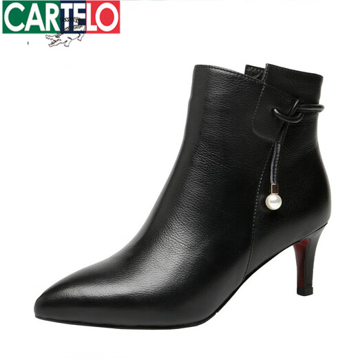 卡帝乐鳄鱼（CARTELO）2025秋冬新款黑色真皮中跟短靴女短筒细跟尖头高跟裸靴马丁靴女新 黑色绒里 36