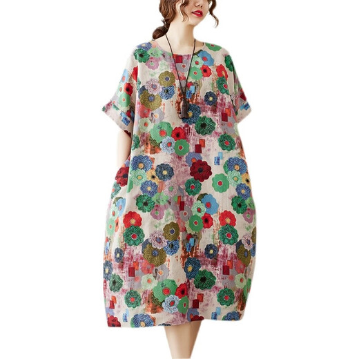 Jiandang Summer Plus Size Damen Loose Slim Dress Literarischer und westlicher Stil Retro Kurzarm Fleischbedeckender mittellanger Rock XR686 5612 Blumen One Size 130-185Jin Jin entspricht 0,5 kg