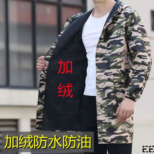 Guiren Xiong velvet thickened smock, warm coat, men's and women's work clothes, waterproof and oil-proof camouflage long coat, kitchen long-sleeved labor insurance suit, blue floral (with hood), large size (160-200)