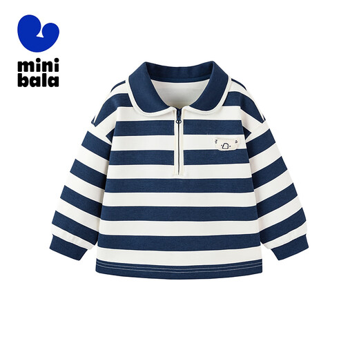 Mini Bara boys and girls long-sleeved sweatshirt autumn baby lapel polo collar pullover [college style] white and blue tone 00318 110