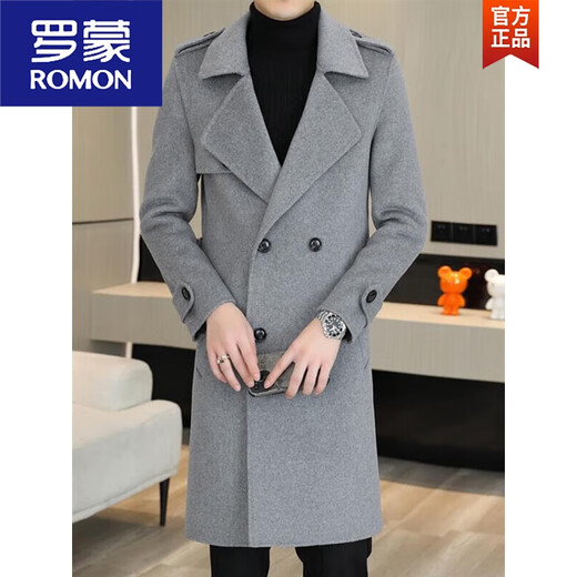 ROMON woolen coat men's mid-length handsome belt slim woolen woolen coat double-sided woolen windbreaker black 2XL 185 recommended 140Jin Jin equals 0.5kg -155Jin Jin equals 0.5kg