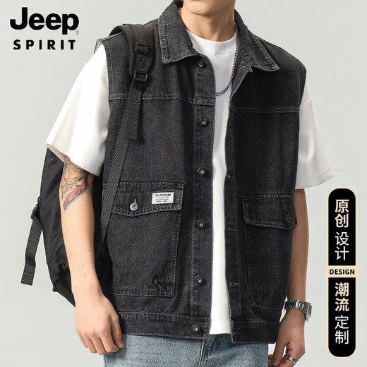 
JEEP SPIRIT 2025 Autumn New Retro Workwear Denim Vest Men's Spring and Autumn Black Sleeveless Vest Men's Vest Jacket 9215 Blue 4XL