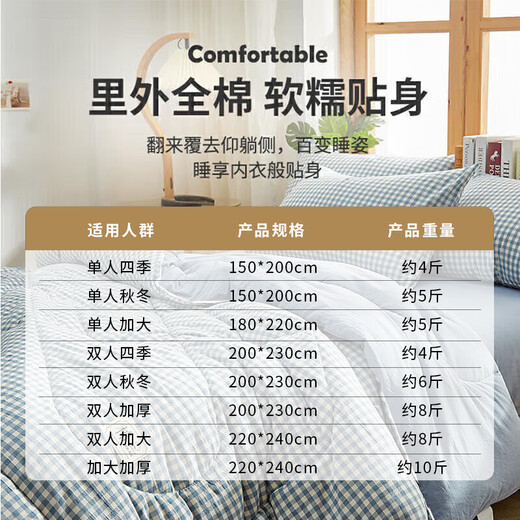 雅鹿·自由自在 100%新疆棉花春秋冬季被子被芯4斤150*200cm格韵蓝