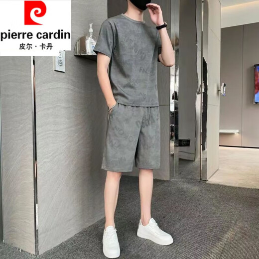皮尔卡丹（pierre cardin）纯棉2023新款冰丝短袖T恤套装男士休闲运动两件套男装宽松夏季潮 671浅灰色套装 L 110斤-130斤